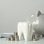 a piggy bank next to a model tooth